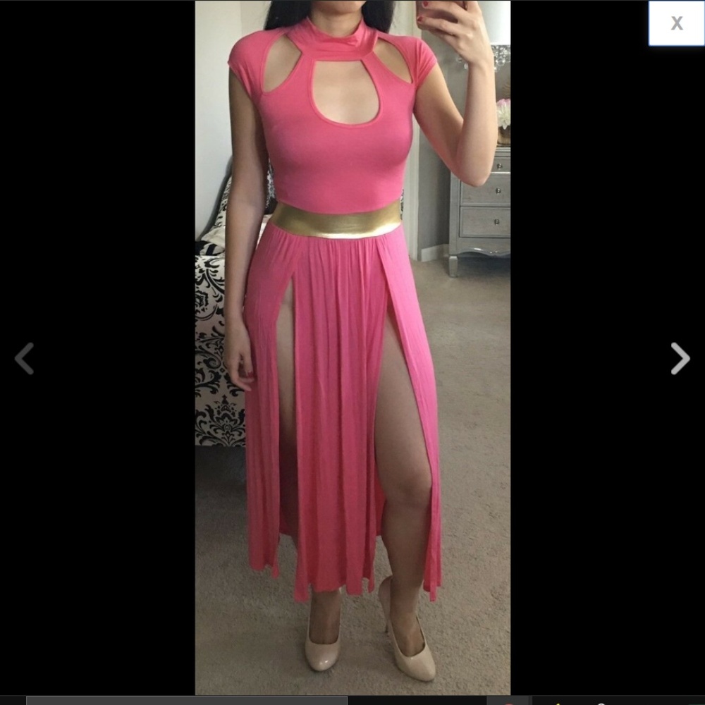 Pink Cut Out Gold Belted Double Slit Maxi Dress S